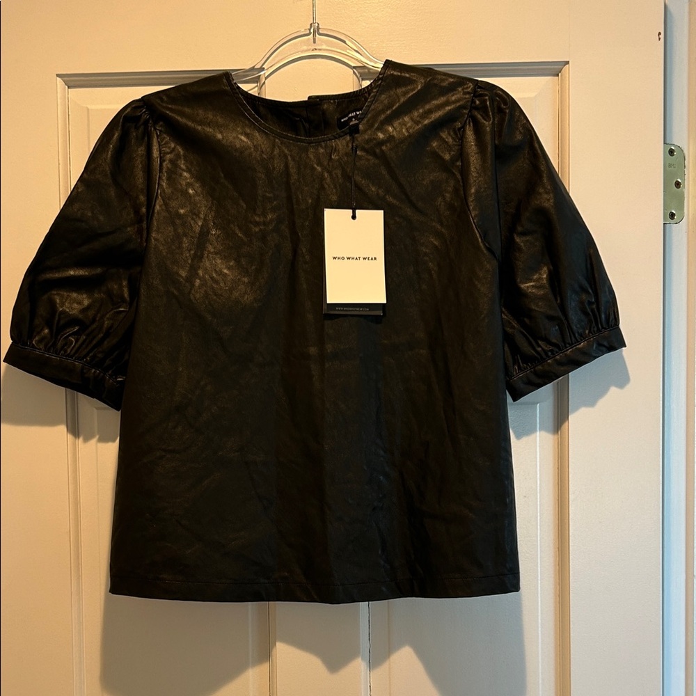 Who What Wear Black Faux Leather Blouse